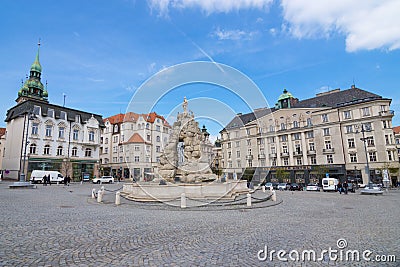 Brno, Czech Republic - May 01,2017: Vegetable Market Zelny trh square in the old city center and Baroque-styled Parnas Fountain Editorial Stock Photo