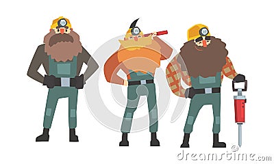 Broad-Shouldered Miner Characters Wearing Mining Robe Vector Set Vector Illustration