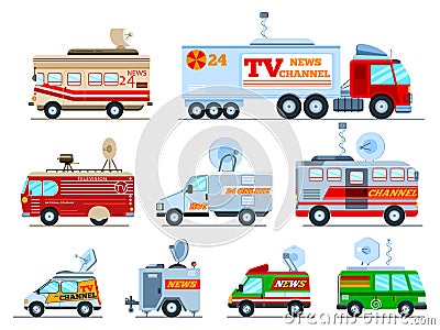 Broadcast car vector tv vehicle broadcasting van with antenna satellite media and television transport illustration set Vector Illustration
