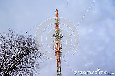 Broadcast and 5G mobile cell tower against the sky with tree in lower corner Stock Photo