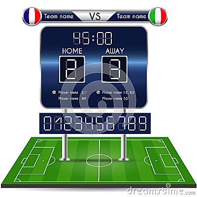 Broadcast graphic for football final score. Football Soccer Match Statistics with playfield. Vector Illustration