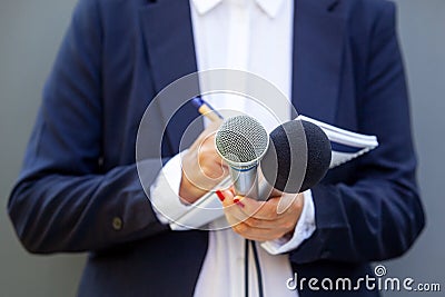 Broadcast journalist at press conference or media event. Journalism concept. Stock Photo