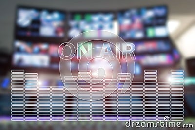 Broadcast studio on air. Media sound, radio and television record on monitors blurred background Stock Photo