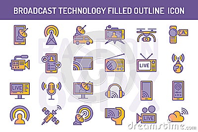 Broadcast technology filled outline icons set. Vector Illustration