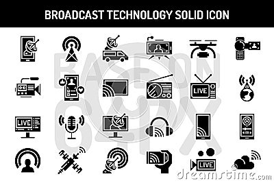 Broadcast technology solid icons set Vector Illustration