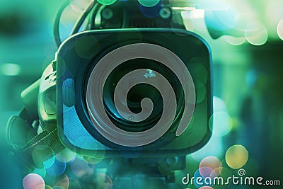 Broadcast video camera camcorder back in the studio TV show. Broadcasting, producers. Stock Photo
