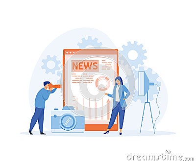 Broadcaster or Journalist on the Monitor About Information Incident, Activities, Weather and Announcements. Vector Illustration