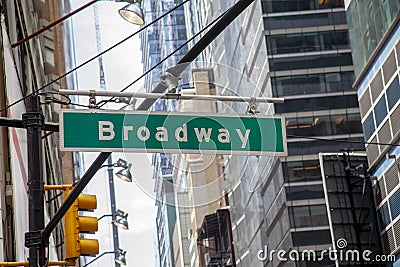 Broadway avenue street sign and office buildings, New York City Editorial Stock Photo