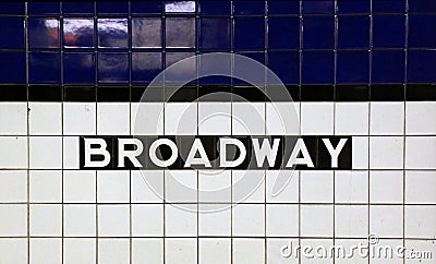 broadway sign in tiles on the wall of a subway station in downtown manhattan, new york city Editorial Stock Photo
