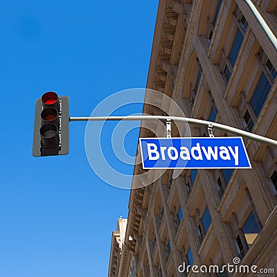 Broadway street Los Angeles Road sign in redlight Cartoon Illustration