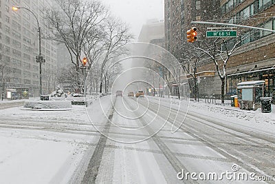 Broadway at 68th street during a heavy snowfall Editorial Stock Photo