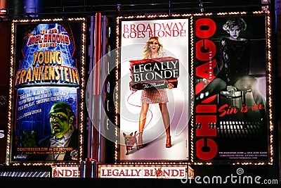 Broadway Theater Signs at Night in New York City Editorial Stock Photo