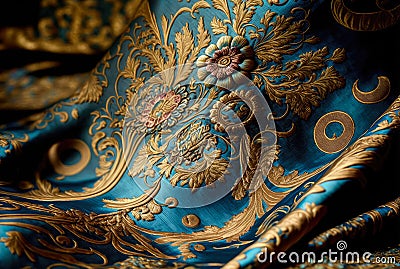 Brocade. A close-up of a dense bright blue silk fabric with golden floral ornaments. Created with Generative AI Stock Photo
