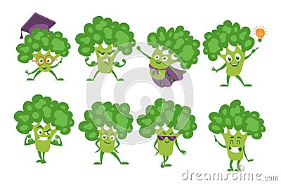 Broccoli character funny smileys set vector isometric illustration. Green fresh vegetables emoji Vector Illustration