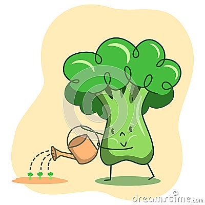 Broccoli character watering young sprouts from a watering can. A cute green vegetable broccoli farmer. Caring for the younger Vector Illustration