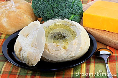 Broccoli Cheddar Cheese Soup in Bread Bowl Stock Photo