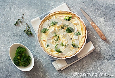 Broccoli , chicken and cheese pie quiche Stock Photo