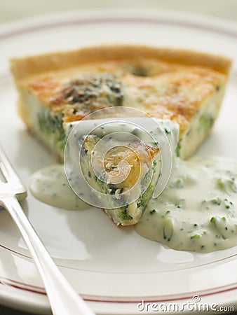 Broccoli and Roquefort Quiche with Broccoli sauce Stock Photo