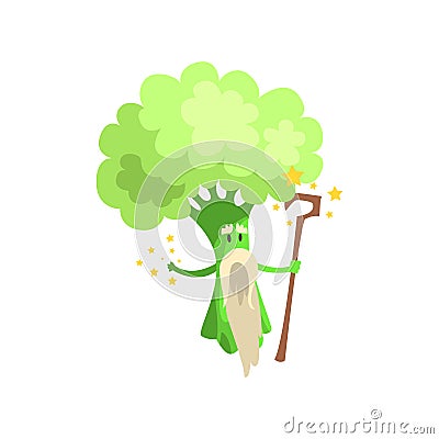 Broccoli Wizard With Staff And White Beard, Part Of Vegetables In Fantasy Disguises Series Of Cartoon Silly Characters Vector Illustration