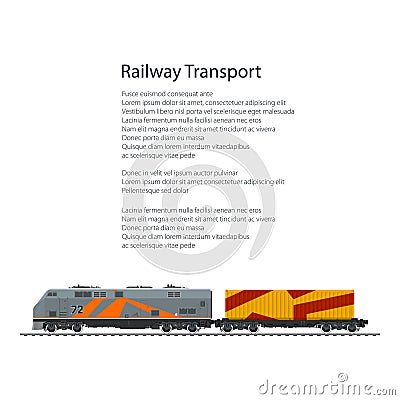 Brochure Locomotive with Orange Cargo Container Vector Illustration