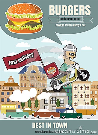 Brochure or poster Restaurant fast foods burger menu with man to Cartoon Illustration