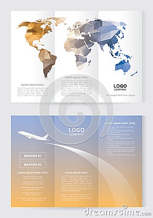 Brochure template size A4 3 Fold 2 Side low polygon world map orange and blue color Vector Illustration