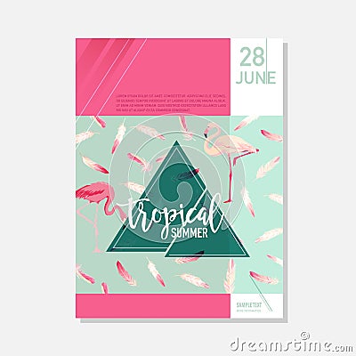 Brochure Template. Tropical Flowers and Flamingo Birds Summer Graphic Background, Exotic Floral Banner, Invitation, Flyer or Card Vector Illustration