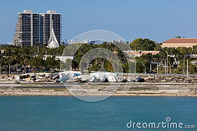 Brocken yachts along the canal in Miami. Effects of hurricane I Stock Photo