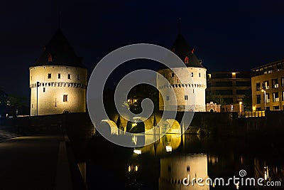 Broel Towers along the river Lys, Kortrijk Stock Photo