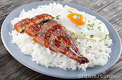 Broiled unagi with rice and egg Stock Photo