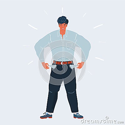 Broke man turning out empty pockets with sad face, financial crisis cartoon vector illustration Cartoon Illustration