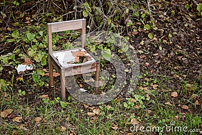 Broken and abandoned chair in the woods Stock Photo