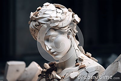 Broken ancient greek statue woman head falling in pieces. Broken marble female sculpture, cracking bust, concept of depression, Stock Photo