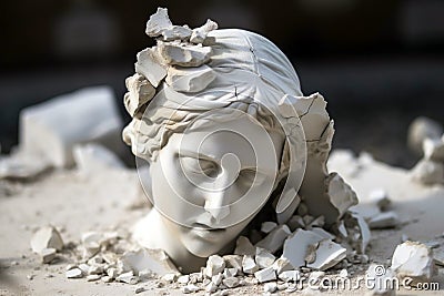Broken ancient greek statue woman head falling in pieces. Broken marble female sculpture, cracking bust, concept of depression, Stock Photo