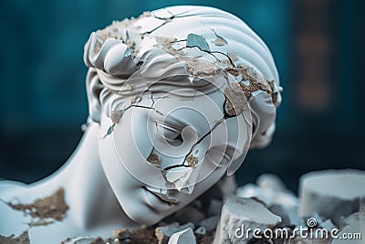 Broken ancient greek statue woman head falling in pieces. Broken marble female sculpture, cracking bust, concept of depression, Stock Photo