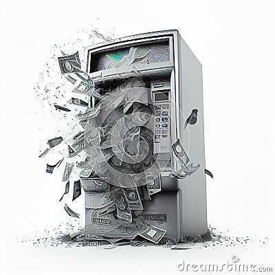 Broken ATM spews paper money Stock Photo