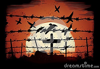 Broken barbed wire and free flying birds on cross sunset background. Generate Ai. Stock Photo