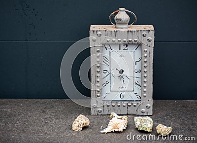 Broken Cracked Glass Wooden Beach Clock Summer Vibe Shells Stock Photo