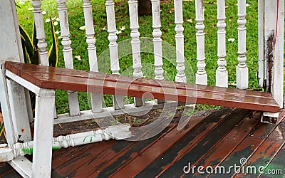 A broken bench in garden Stock Photo