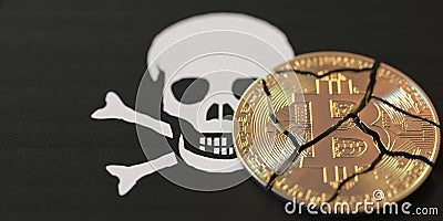 Broken bitcoin on the pirate Jolly Roger flag. Legal issues and cryptocurrency crimes concepts, 3d rendering Stock Photo