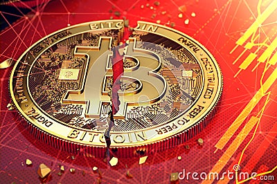 Broken bitcoin split in two pieces laying on a screen. The screen has red diagram. Bitcoin decline concept. 3D rendering Stock Photo