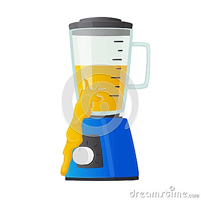 Broken Blender with Yellow Liquid Pouring Out of Canister Isolated on White Background. Destroyed Appliances, Old Scrap Vector Illustration