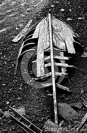 Broken boat black and white Stock Photo