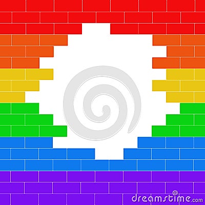 Broken brick wall colored lgbt flag with place for text. Cartoon Illustration