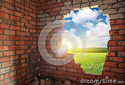 Broken bricks wall Stock Photo