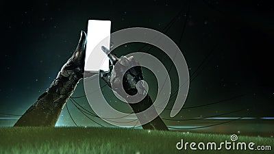 A broken bronze statue of hands holding a luminous cell phone with drooping wires and small fragments streaming from the Stock Photo