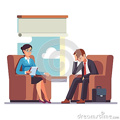 Broken businessman talking to psychologist Vector Illustration