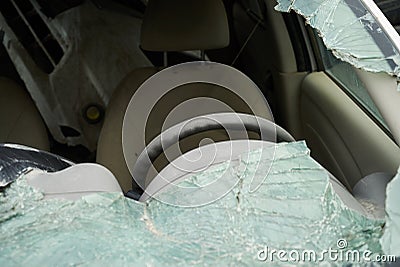 Broken car windshield, closeup. Damaged vehicle after car crash Stock Photo