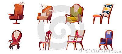 Broken chairs and armchairs old furniture set Vector Illustration