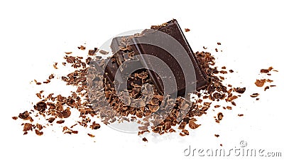 Broken chocolate. Heap of ground and grated chocolate isolated on white background Stock Photo